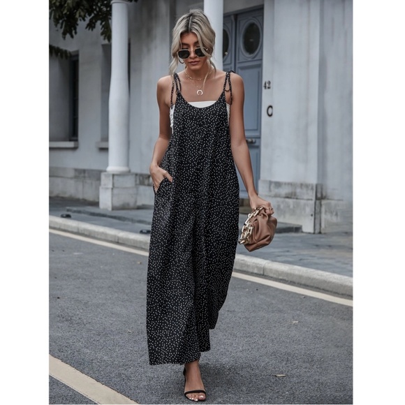 Tie Shoulder Polka Dot Black Wide Loose Fitting Jumpsuit - Picture 6 of 8